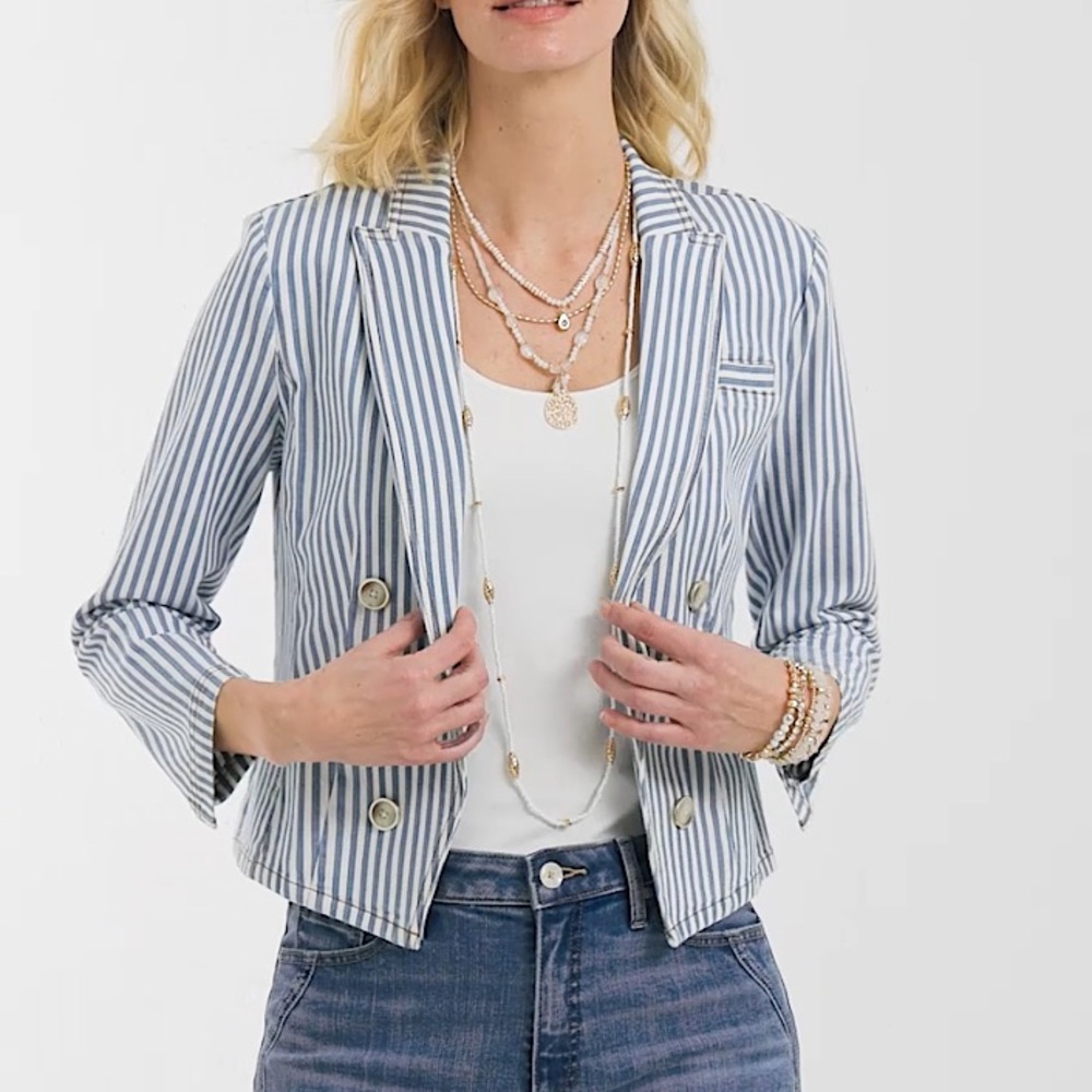 NWT Chico’s Striped Open Front Denim Jacket
